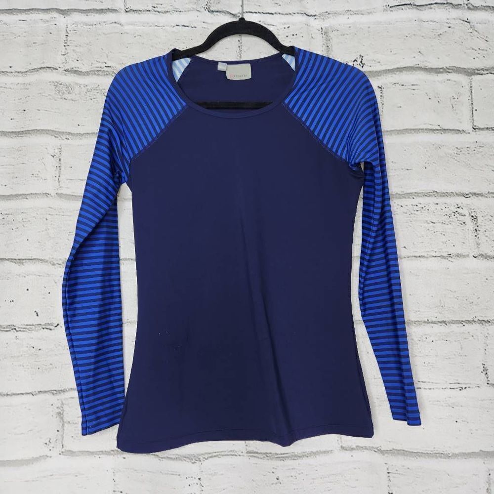 Athleta Striped Long Sleve Swim Shirt Rash Guard Womens Small Blue Water